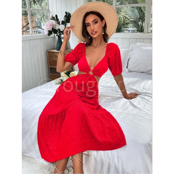 Red Midi Dress Backless Lace Up Puff Sleeve Flared Ruffle Hem V-Neck - Picture 3 of 9
